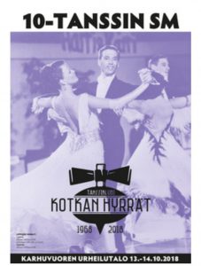Mainosjuliste 10-tanssin suomenmestaruuskilpailut Kotkan Hyrrät